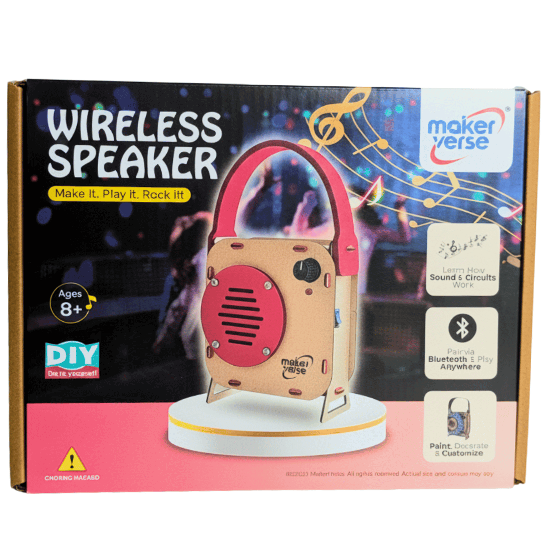Box of a wireless speaker kit with 'maker verse' branding on a white background
