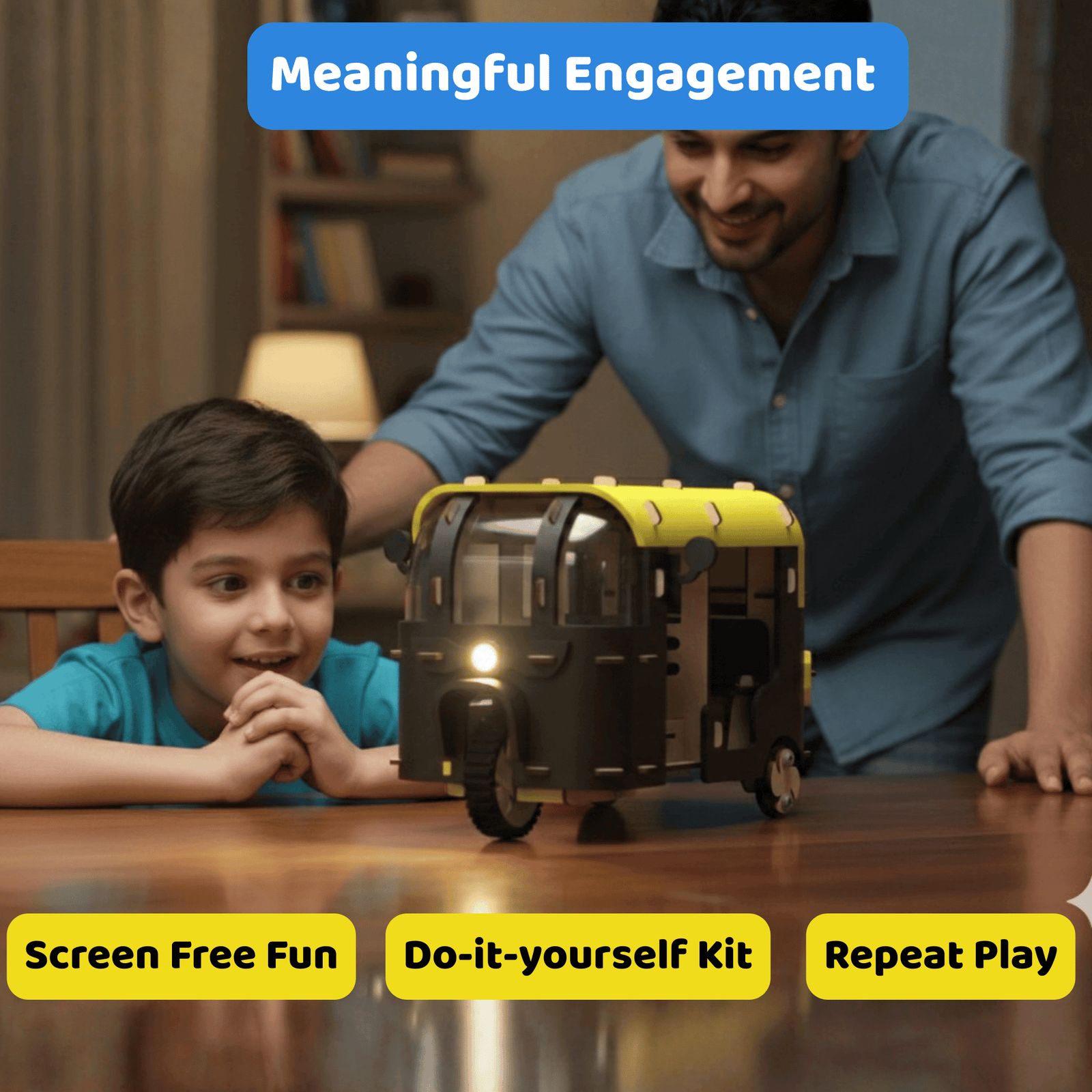 Man and child playing with a toy vehicle, promoting screen-free fun and do-it-yourself kit.
