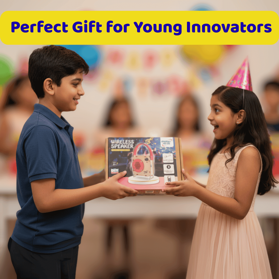 Two children exchanging a wireless speaker gift with a celebratory atmosphere.