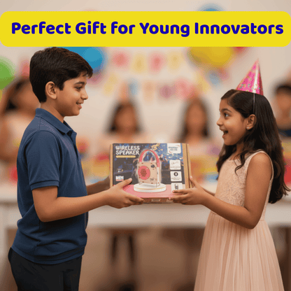 Two children exchanging a wireless speaker gift with a celebratory atmosphere.