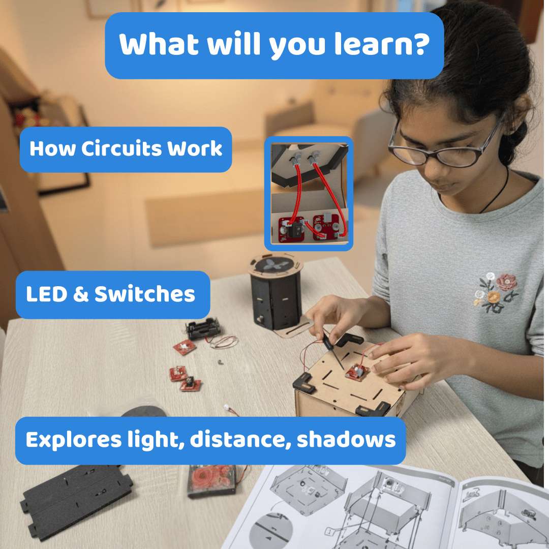 Person working with electronic components on a table, with educational text about circuits and experiments.