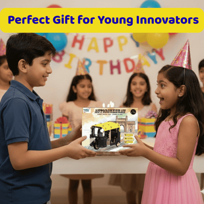 Two children at a birthday party exchanging a toy auto-rickshaw model with 'Happy Birthday' decorations in the background.