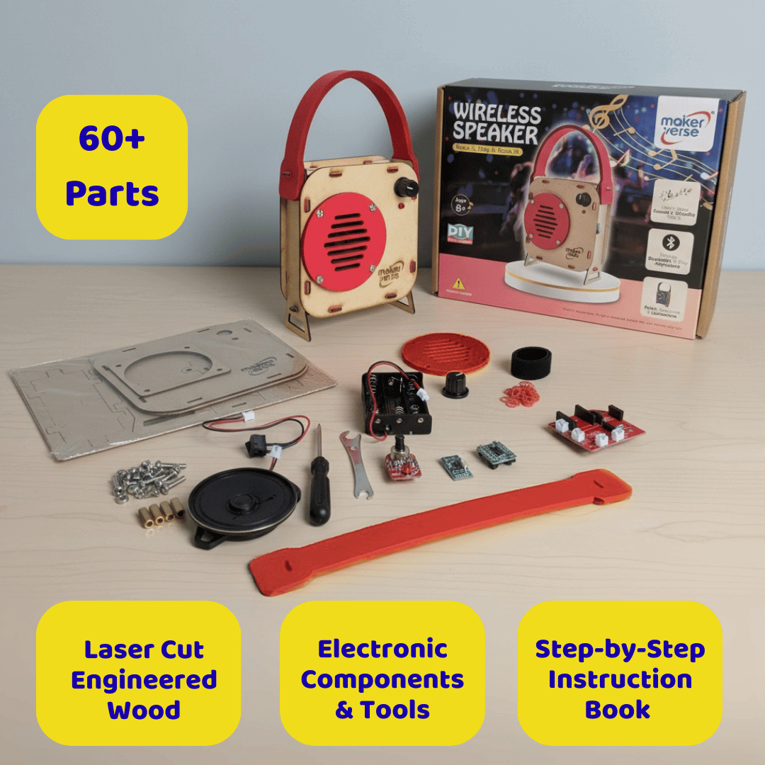 Make Your Own Wireless Speaker Kit with components and tools on a table