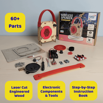 Make Your Own Wireless Speaker Kit with components and tools on a table