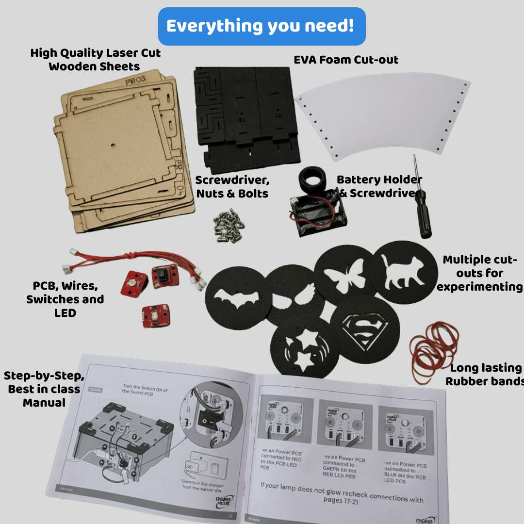 Set of components and manual for a project, including laser-cut wooden sheets, EVA foam cut-out, screwdriver, nuts, wires, switches, LED, battery holder, cut-outs, and rubber bands.