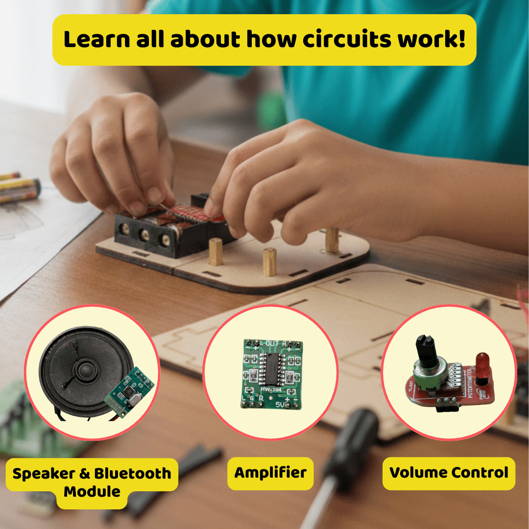 Children's hands working with electronic components on a wooden board, with illustrations of a speaker, amplifier, and volume control.
