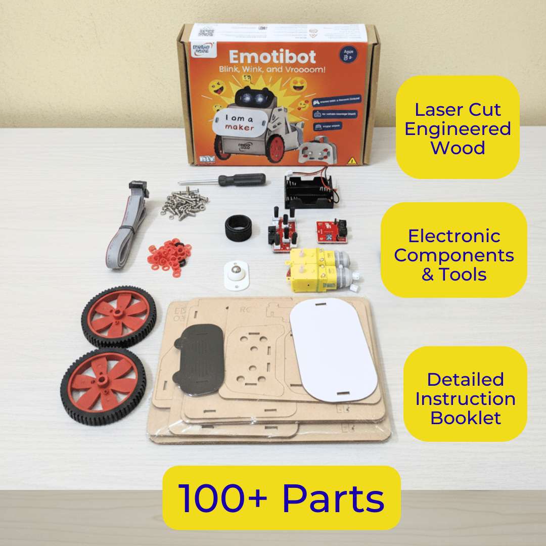 Emotibot robot building kit with components and tools on a white surface