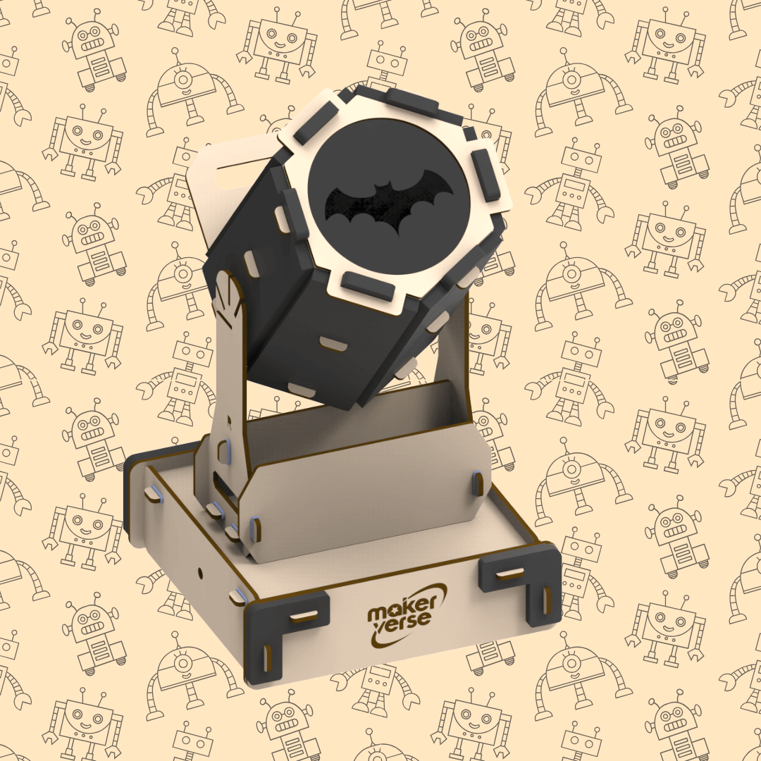 Projecto object with a bat design on a beige background with robot illustrations