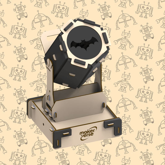 Projecto object with a bat design on a beige background with robot illustrations