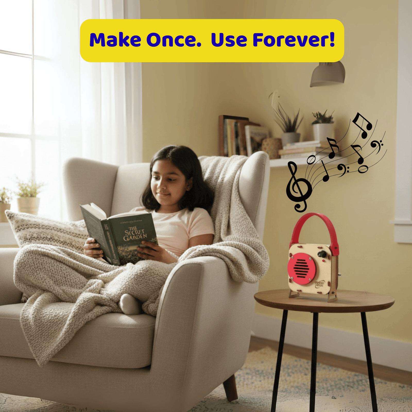 Child reading a book on a couch with a vintage radio and musical notes in the background, featuring text 'Make Once. Use Forever!'.