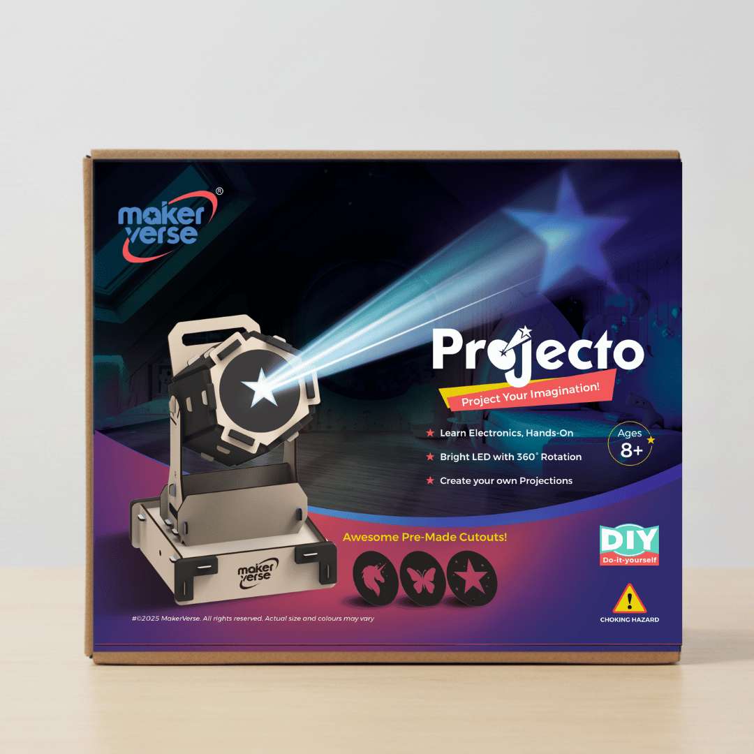 Maker Verse Projecto packaging with LED projector and branding on a gray background