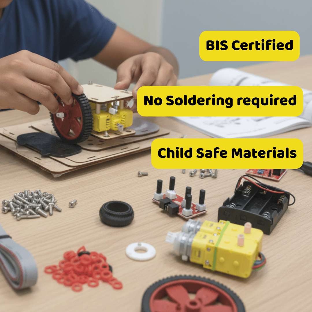 Child working on a DIY robot kit with text highlighting safety features.