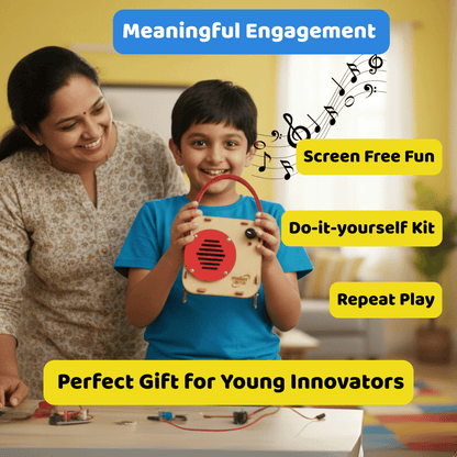 Child holding a toy with educational text about meaningful engagement, screen-free fun, and do-it-yourself kit.