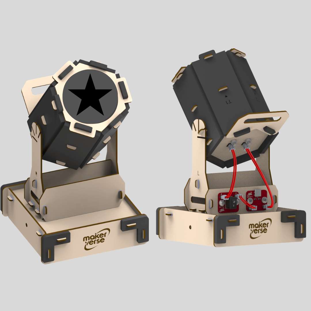 Two mechanical devices with star-shaped components on a gray background, featuring the Maker Verse logo.