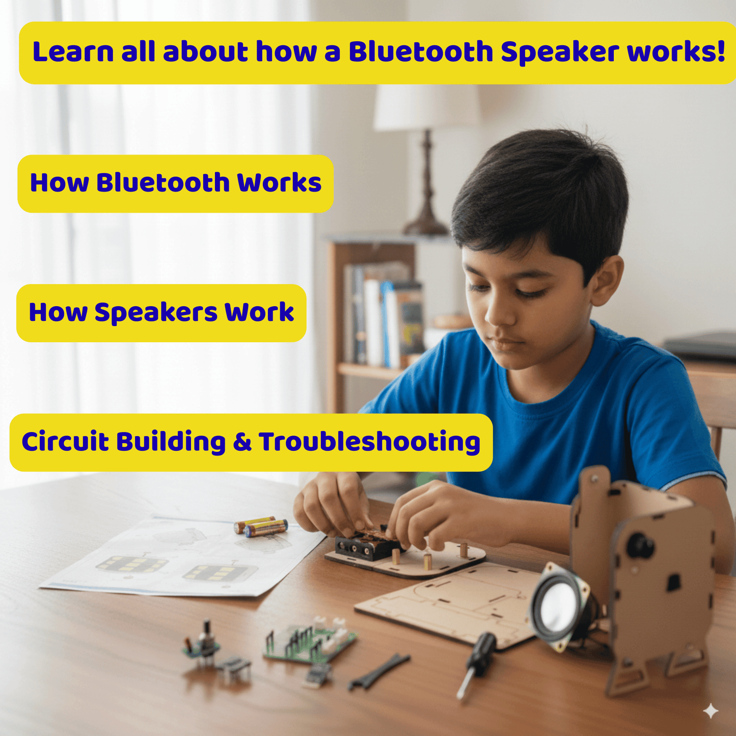 Child building a wooden robot with educational text about Bluetooth and speakers.