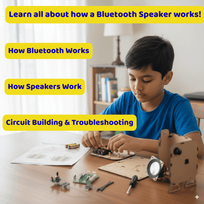 Child building a wooden robot with educational text about Bluetooth and speakers.