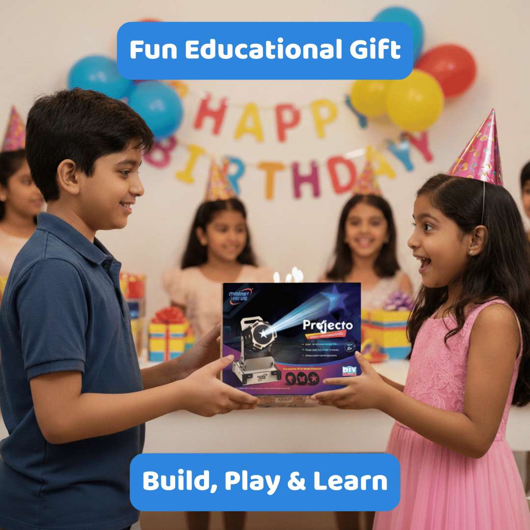 Children at a birthday party with a 'Build, Play & Learn' educational gift box.