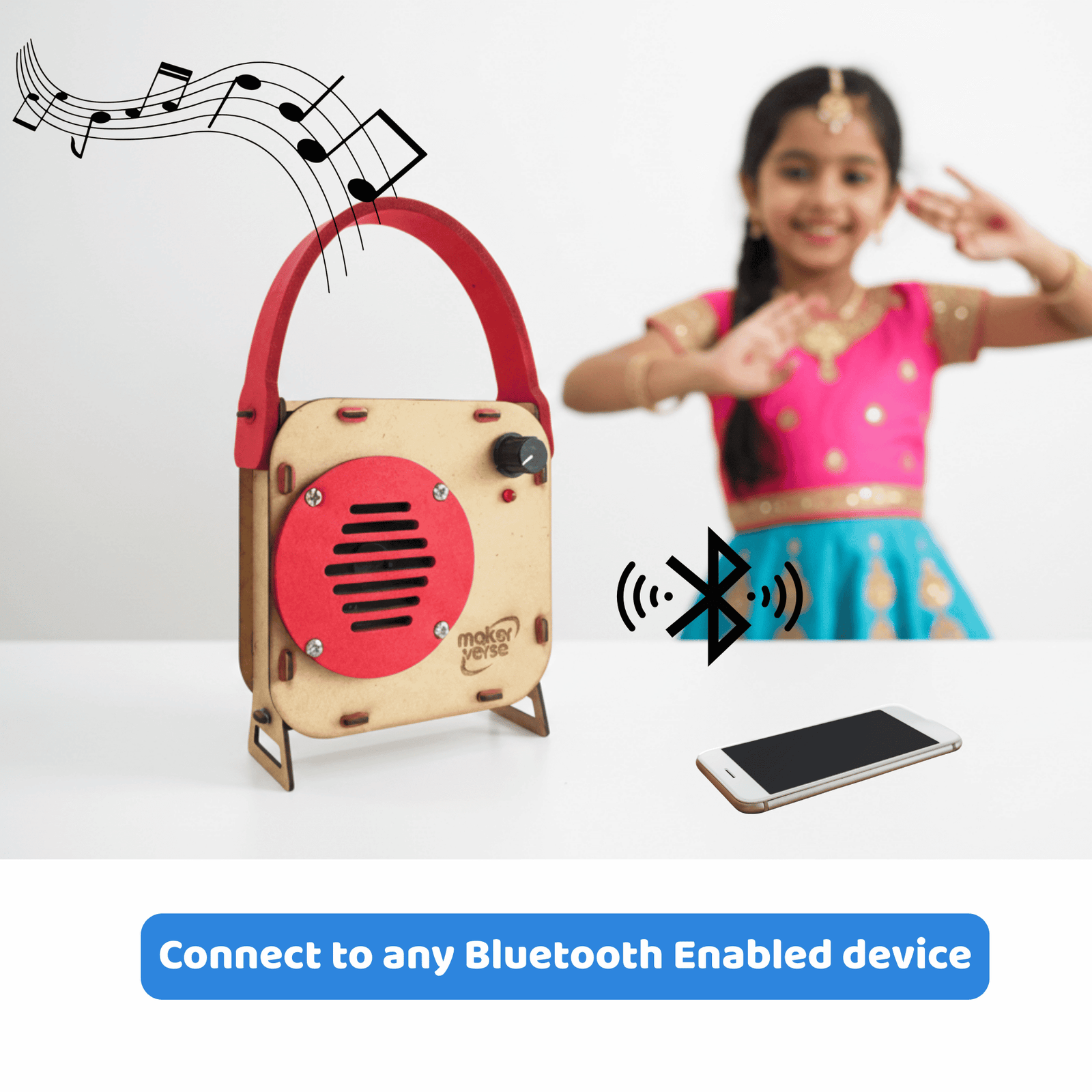 Wooden Bluetooth speaker with red accents, a girl in traditional attire, and a smartphone on a white background.