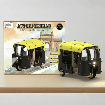 Model autorickshaw with packaging displaying the product and brand on a light gray background