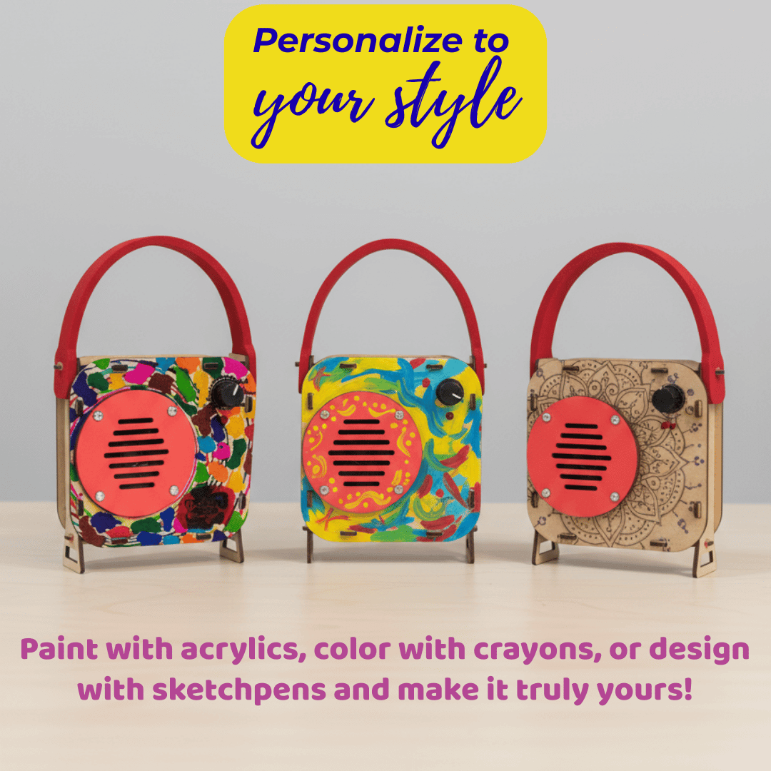 Three colorful wooden radios with red handles on a light gray background, featuring text encouraging personalization.