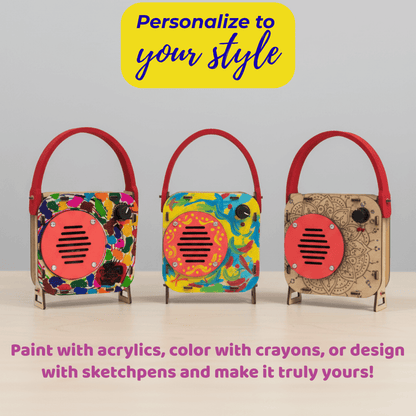 Three colorful wooden radios with red handles on a light gray background, featuring text encouraging personalization.