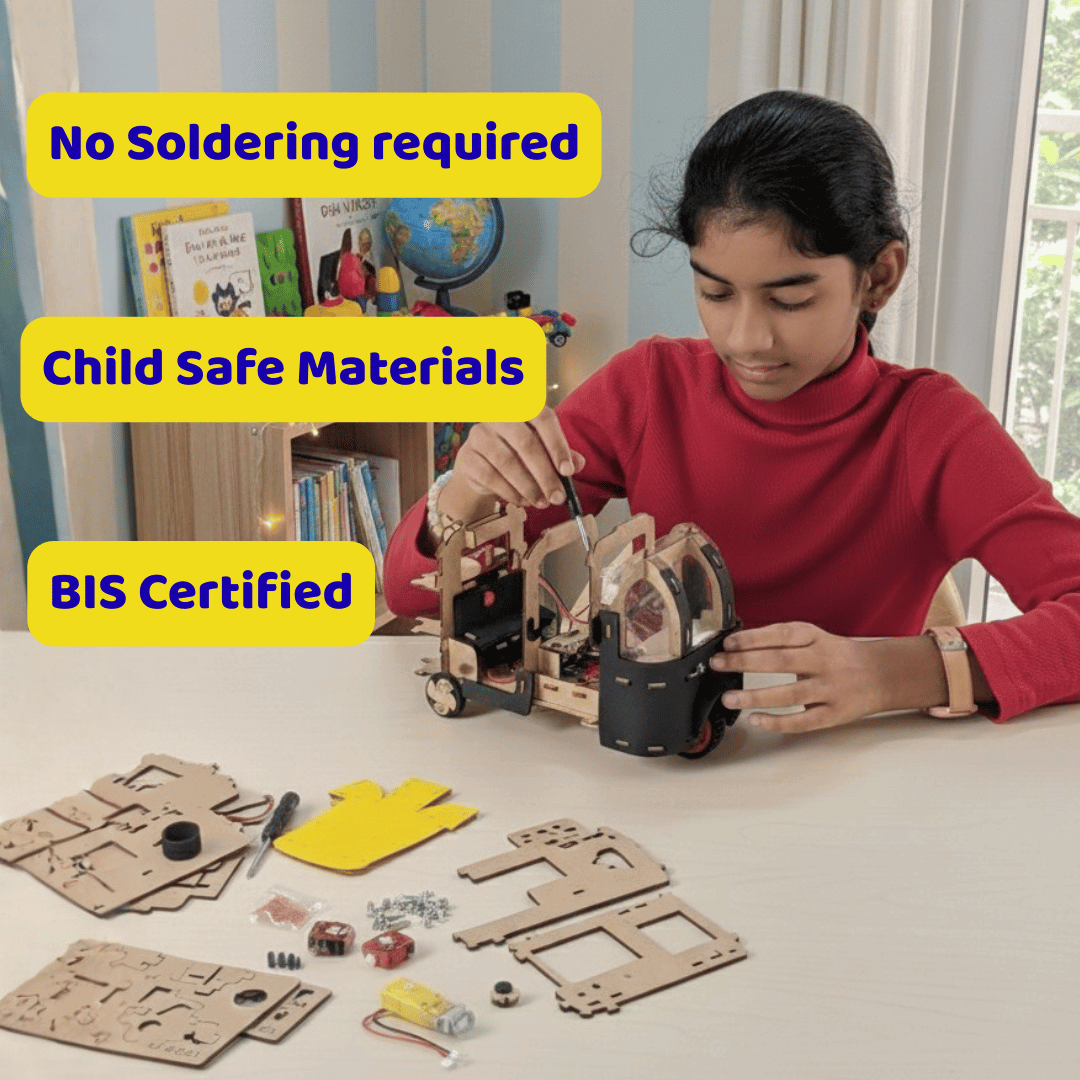Child assembling a wooden auto kit with text highlighting safety features.