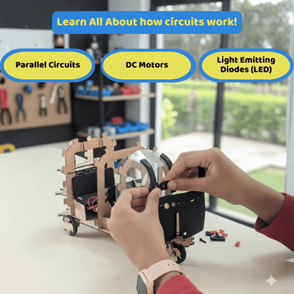 Child assembling a mechanical model with educational text about circuits on a table.