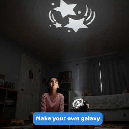 Person sitting in a dark room with star-shaped light projection on the ceiling.