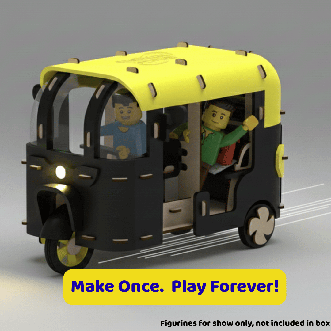 Toy vehicle with figures on a gray background, featuring the text 'Make Once. Play Forever!'.