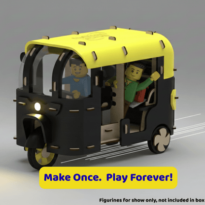 Toy vehicle with figures on a gray background, featuring the text 'Make Once. Play Forever!'.