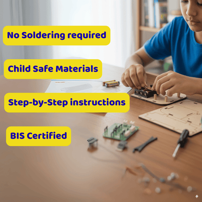 Child working on a DIY project with text highlighting safety features and certification.
